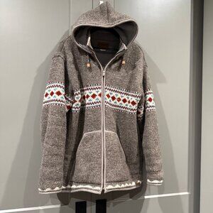 Mens Full Zip Up Hooded Wool Sweater Laundromat Navajo, Made In Nepal, Size XL